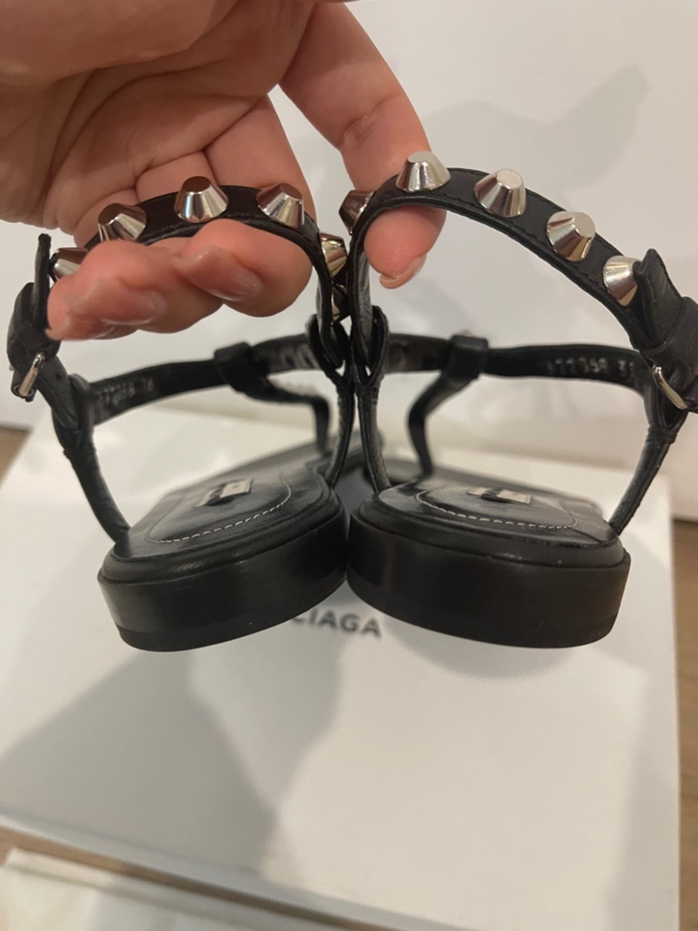 Balenciaga Black Leather Studded T-Strap Sandals - Picture 8 of 11